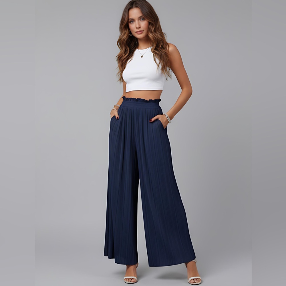 Navy Blue Pleated Paperbag Waist Wide Leg Pants